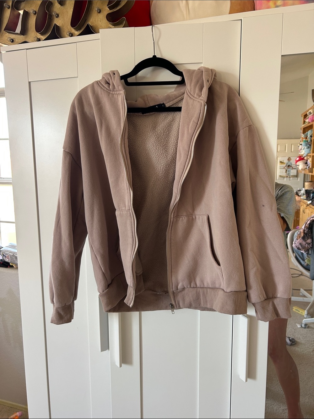 Cozy Hooded Teddy-Lined Zip Jacket in Taupe